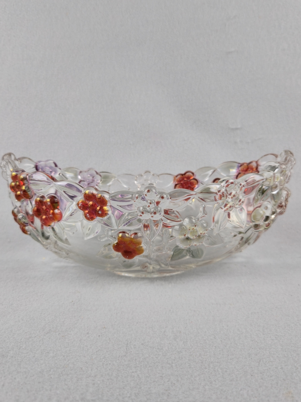 Walther Glas Floral Oval Glass Bowl Red Purple Iridescent 10" W. Germany